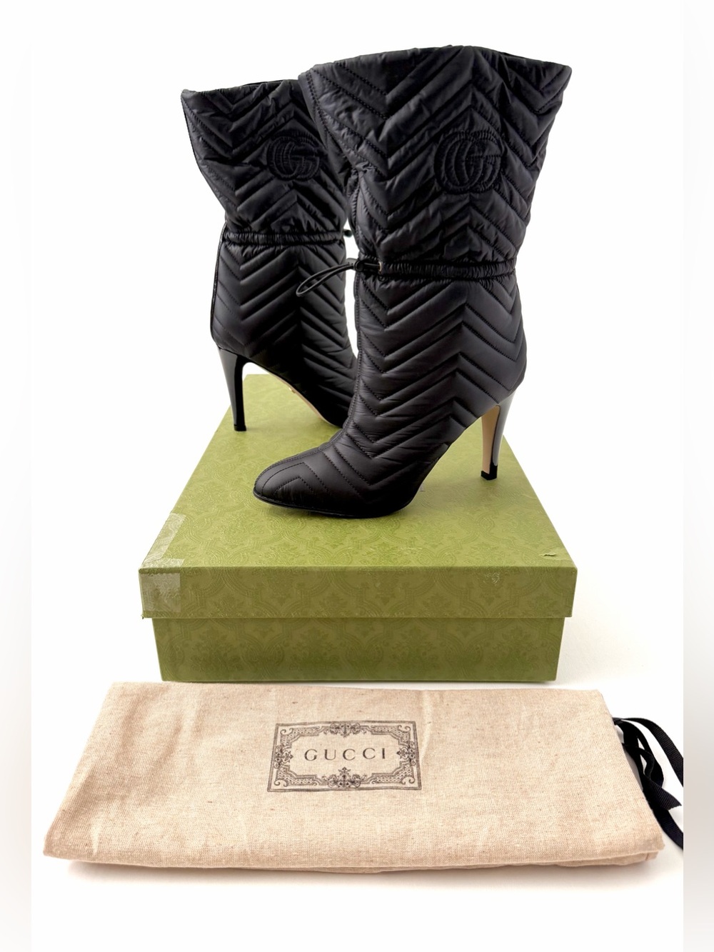 GUCCI | GG Matelasse Quilted Nylon Drawstring High Heel Boots Black EU 39.5